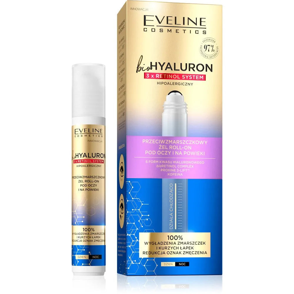 Eveline bioHYALURON 3xRetinol System Kremas nuo raukšlių akių ir vokų ritinėlis 15ml - Kosmetika