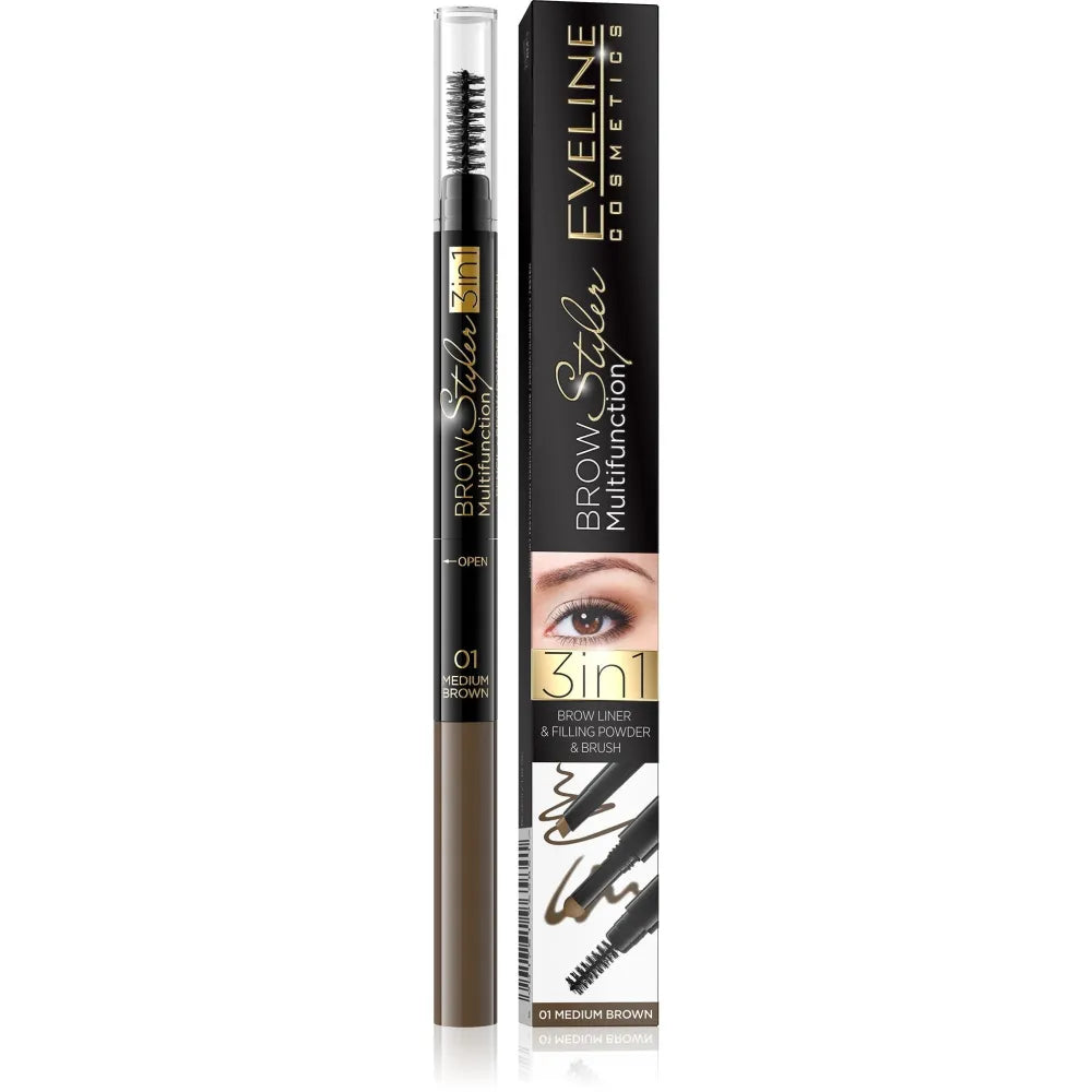 Eveline Brow Multifunction Styler 3-in-1 Antakių pieštukas Nr. 01 Vidutinė ruda 1 vnt. - Kosmetika
