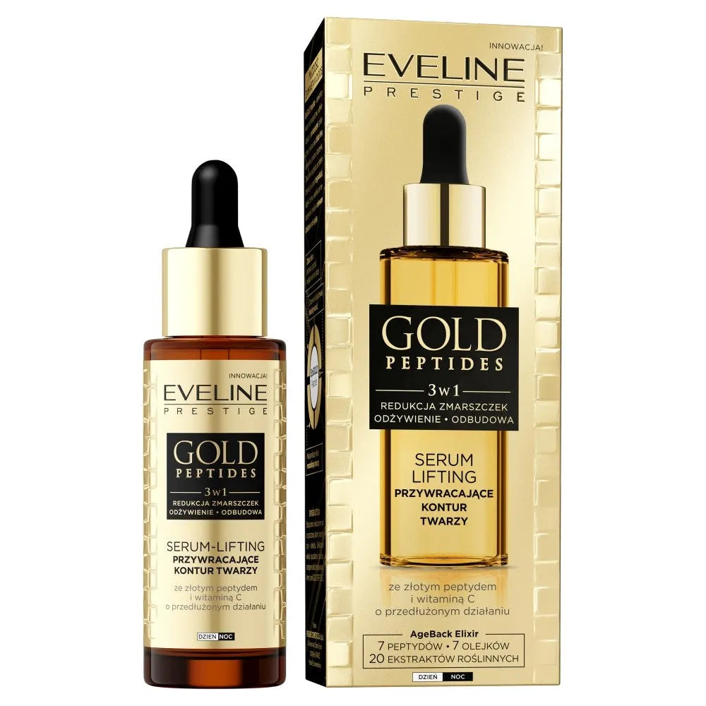 EVELINE Gold Peptides 3in1 Lifting Serum atkuria veido kontūrą 30ml - Kosmetika