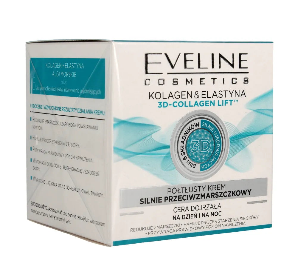Eveline Half-Fat Cream Stiprus Anti-Raukšlių Kremas su Kolagenu ir Elastinu & 3D-Kolageno Pakėlimas 50ml - Kosmetika