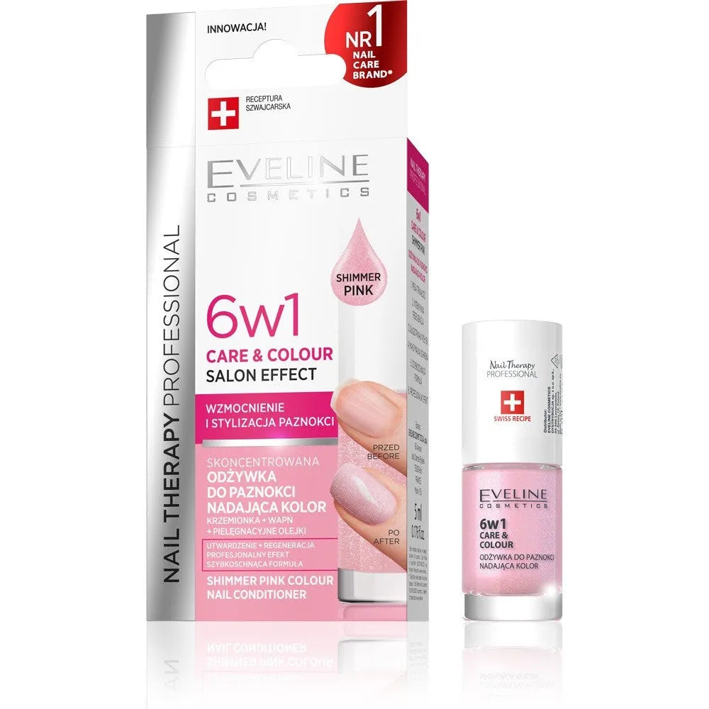 Eveline Nail Therapy Nagų lakas kondicionierius 6in1 SHIMMER PINK 5ml - Kosmetika