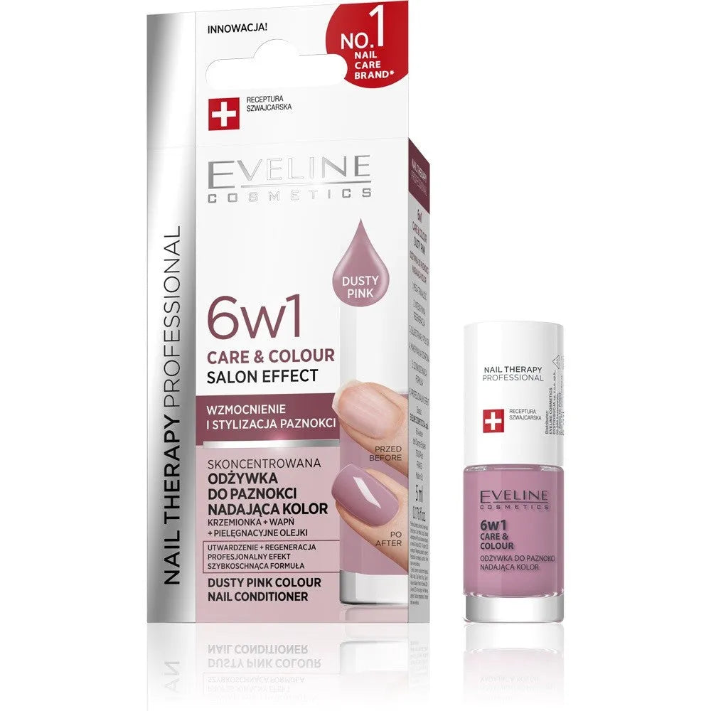 EVELINE Nail Therapy Professional Nagų Lakas kuris suteikia spalvą Priežiūra ir Spalva 6in1 - Dulkėtas Rožinis 5 ml