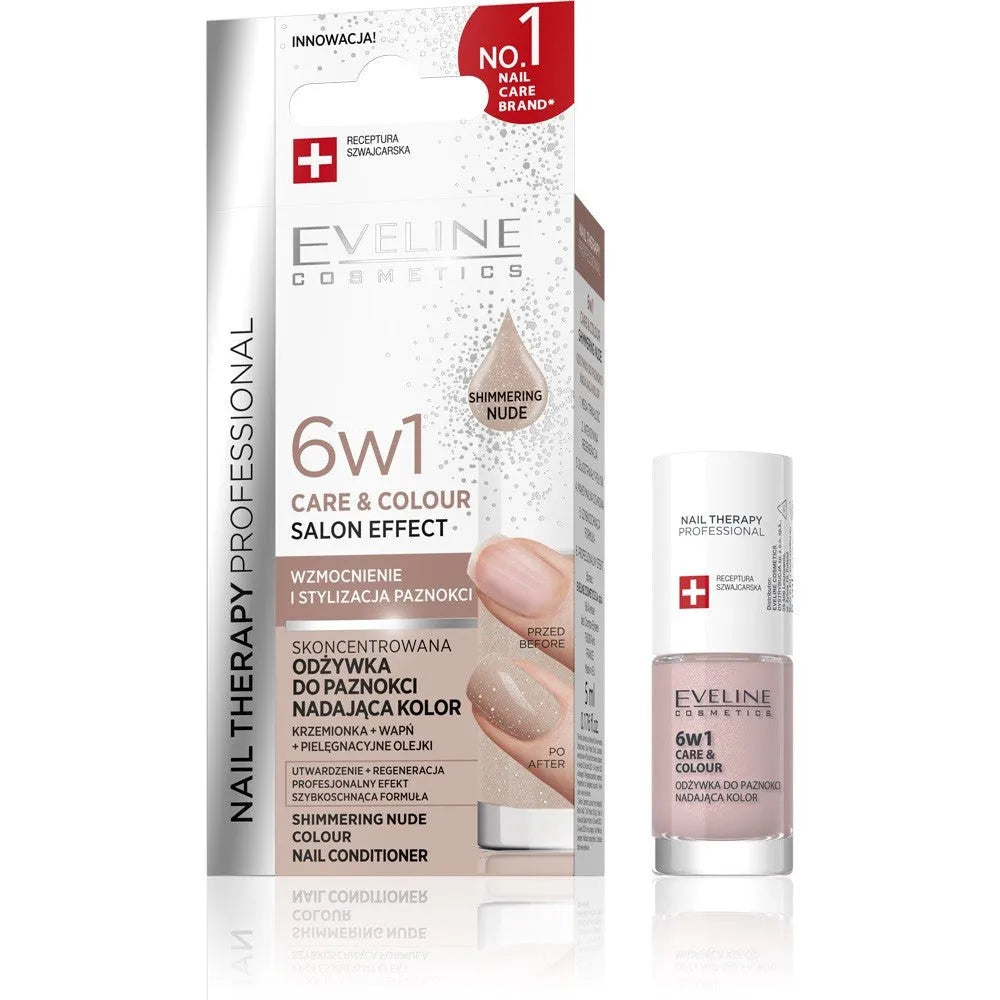 EVELINE Nail Therapy Professional Nagų Lakas kuris suteikia spalvą Priežiūra ir Spalva 6in1 - Blizgus Nudes 5 ml