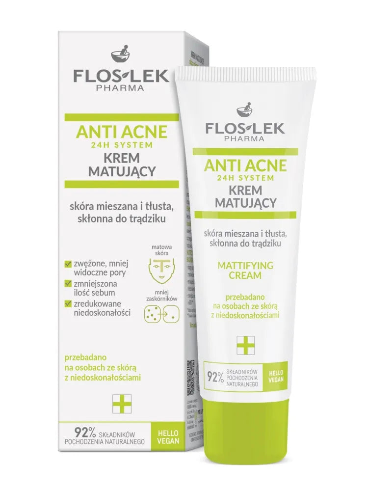 Floslek ANTI ACNE 24H SYSTEM Matizuojantis kremas mišriai riebiai odai linkusiai į spuogus 50ml - Kosmetika