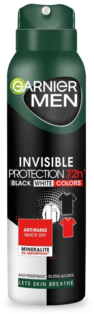 Garnier Men Deodorantas purškiklis Invisible Protection 72h - Juodas Baltas Spalvos 150ml - Kosmetika