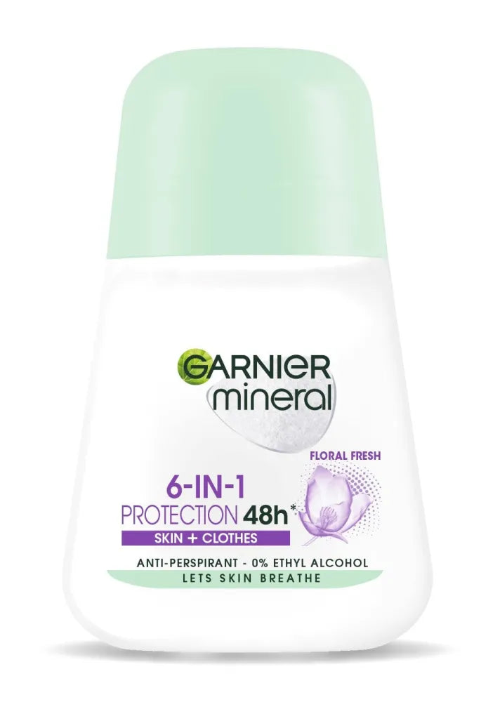 Garnier Mineral Deodorant roll-on 6in1 Apsauga 48h Gėlių Gaiva - Oda + Drabužiai 50ml - Kosmetika