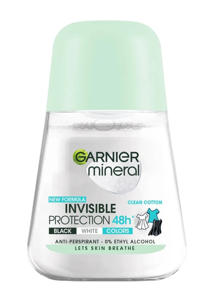 Garnier Mineral Deodorant roll-on Invisible Protection 48h Švarus Medvilnė - Juoda Balta Spalvos 50ml - Kosmetika