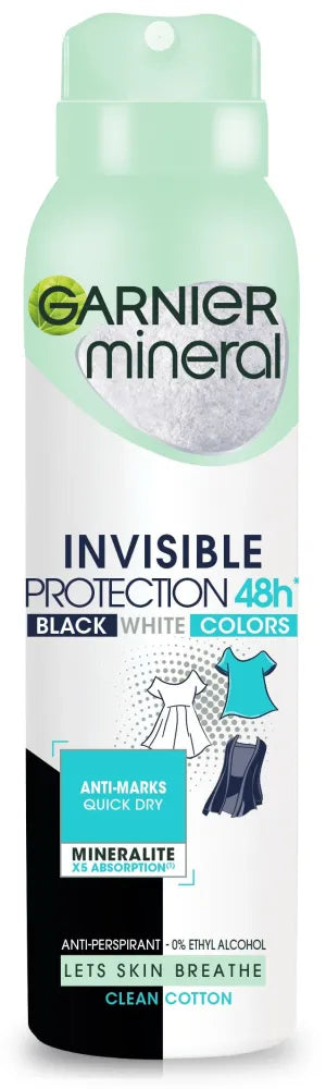 Garnier Mineral Deodorant spray Invisible Protection 48h Švarus Medvilnė - Juoda Balta Spalvos 150ml - Kosmetika