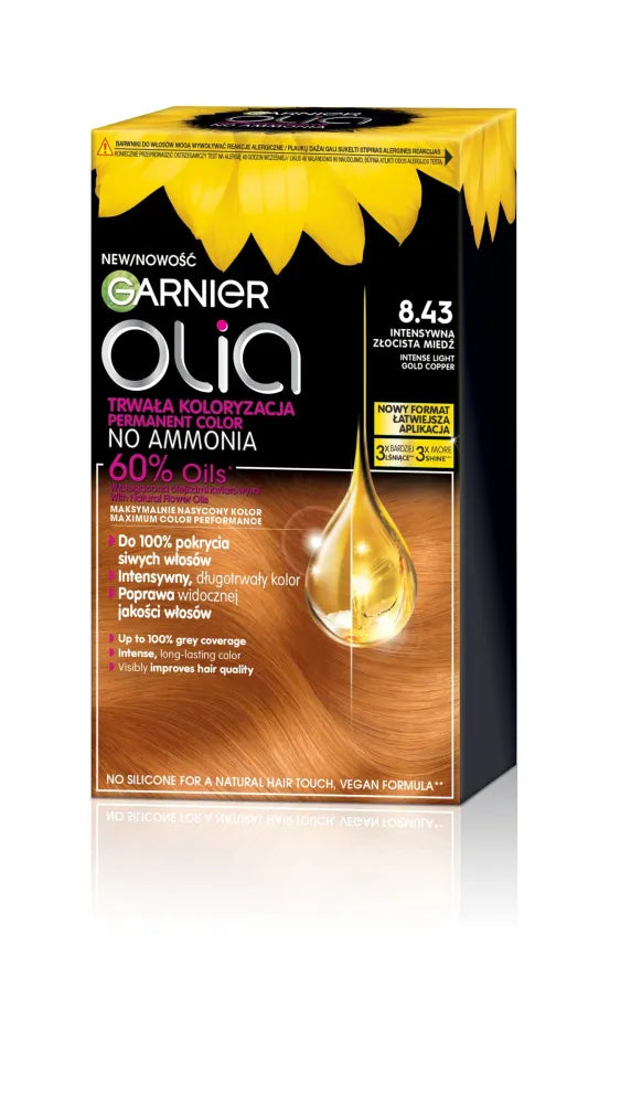 GARNIER Olia plaukų dažai nr. 8.43 Intensyvi Šviesi Auksinė Varis - Kosmetika