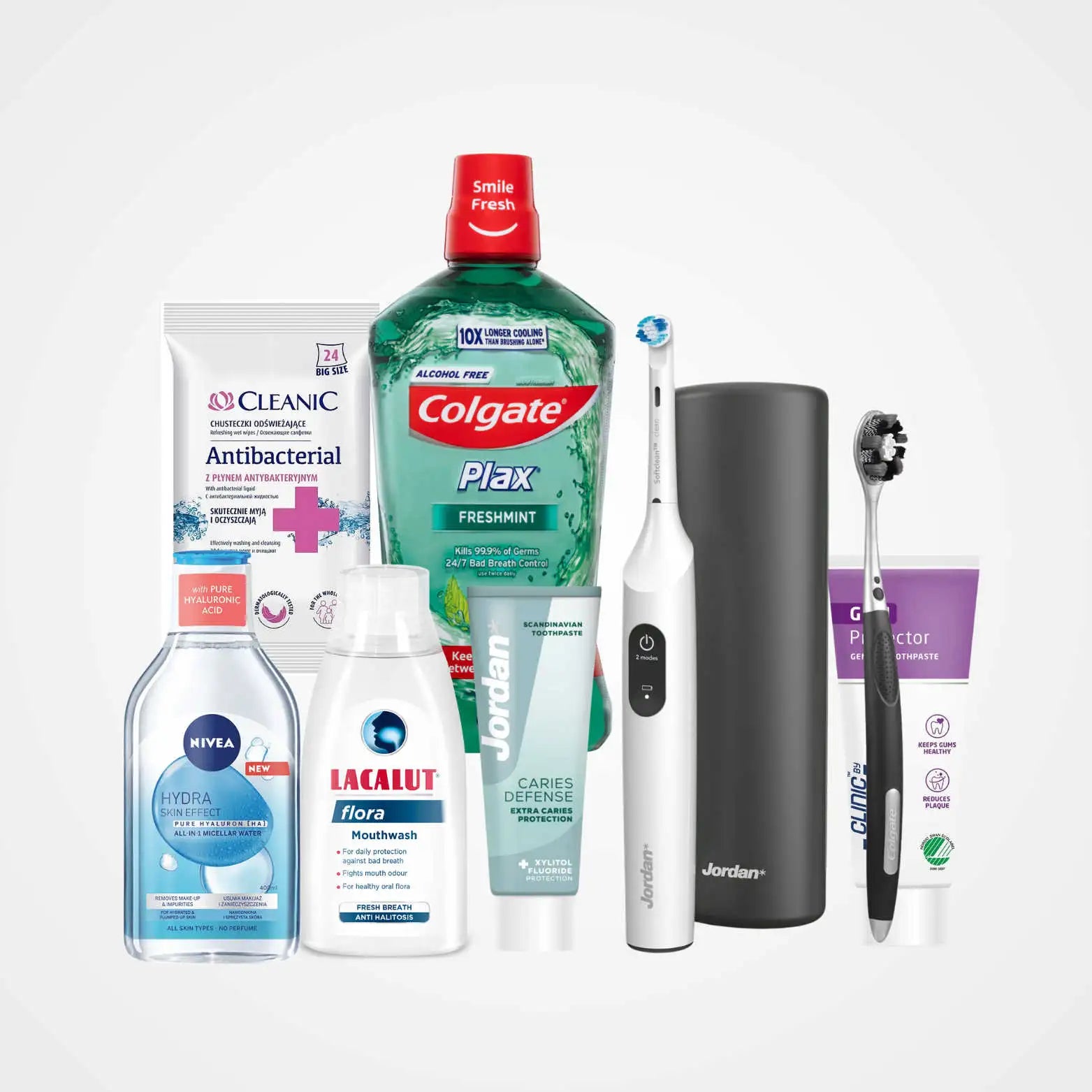 Green colgate plax freshmint mouthwash bottle with a red cap and transparent body.