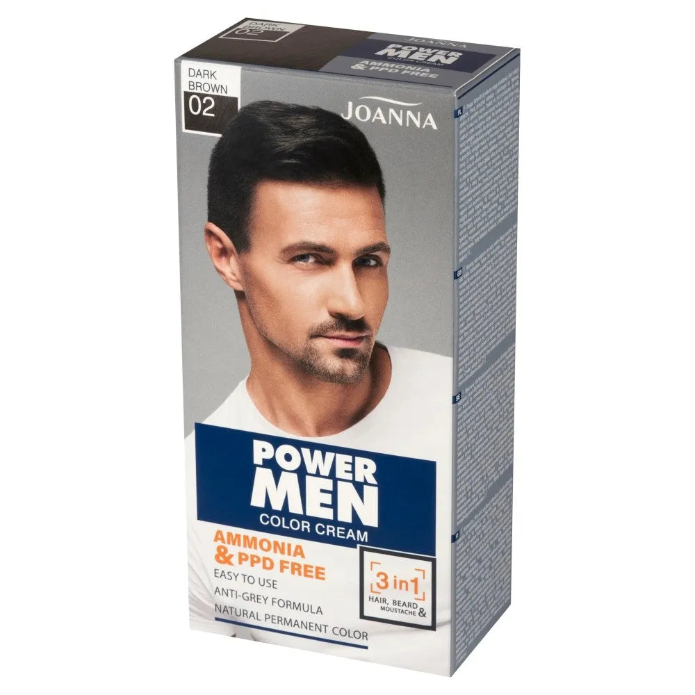 JOANNA Power Men Color Cream Plaukų dažai 3in1 vyrams Nr. 02 - Tamsiai rudas 100g - Kosmetika