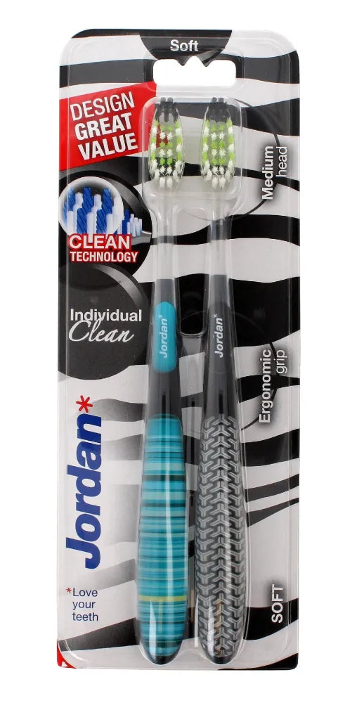 Jordan Toothbrush DUO Individual Clean Soft - minkštas šepetėlis - spalvų mišinys 1 pakuotė-2 vnt. - Kosmetika