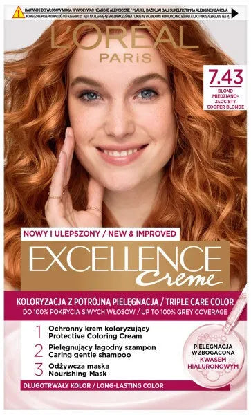 LOREAL Excellence Creme plaukų dažai 7.43 vario-auksinis šviesus - Kosmetika