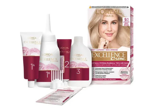 LOREAL Excellence Creme Plaukų dažai 9.1 Labai šviesus pelenų šviesiaplaukis - Kosmetika
