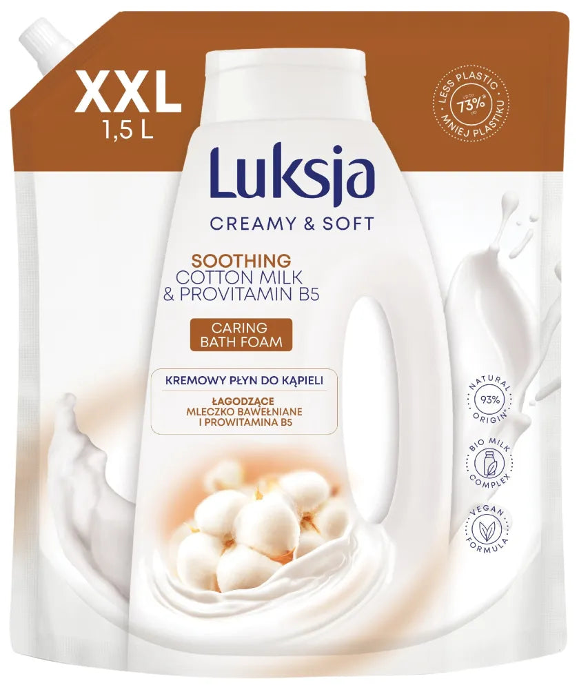 LUKSJA Creamy & Soft Soothing vonios skystis - Medvilnės pienas ir Provitaminas B5 1500 ml - atsargos - Kosmetika