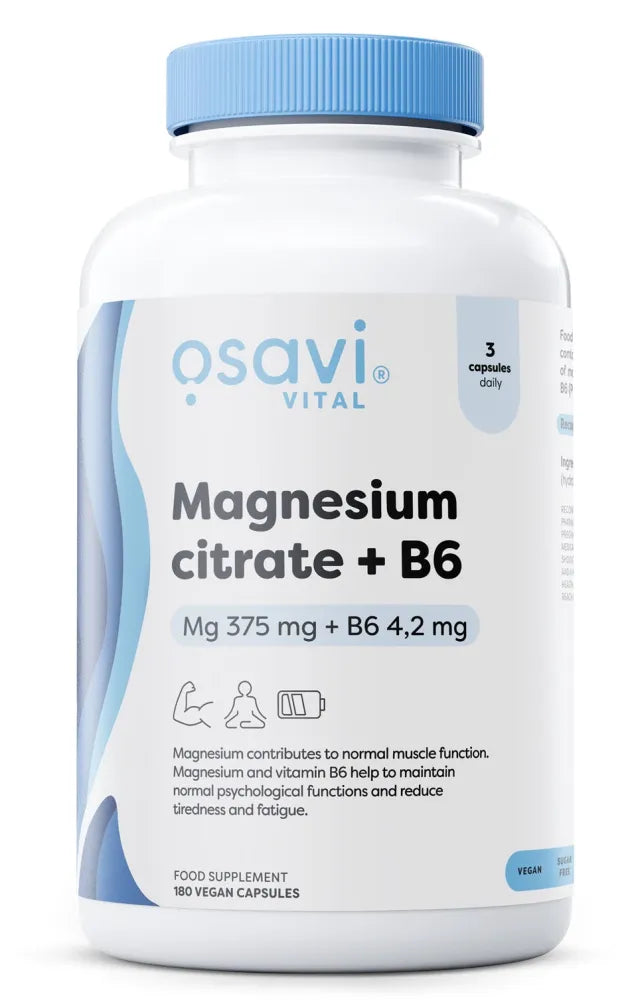 Magnesium Citrate + B6 375mg + 4.2mg - 180 vcaps - Osavi - Papildai