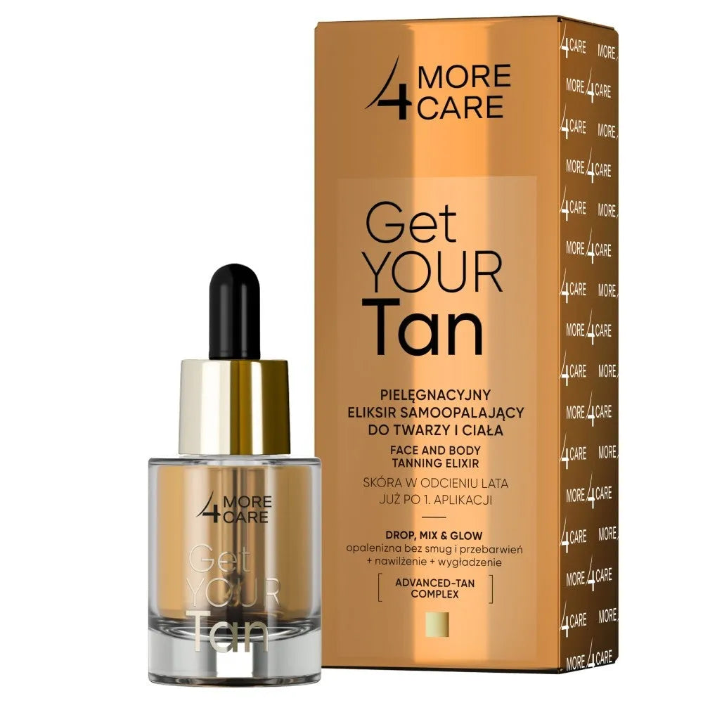 More4Care Get Your Tan Care Sav self-tanning eliksyras veidui ir kūnui 15ml - Kosmetika