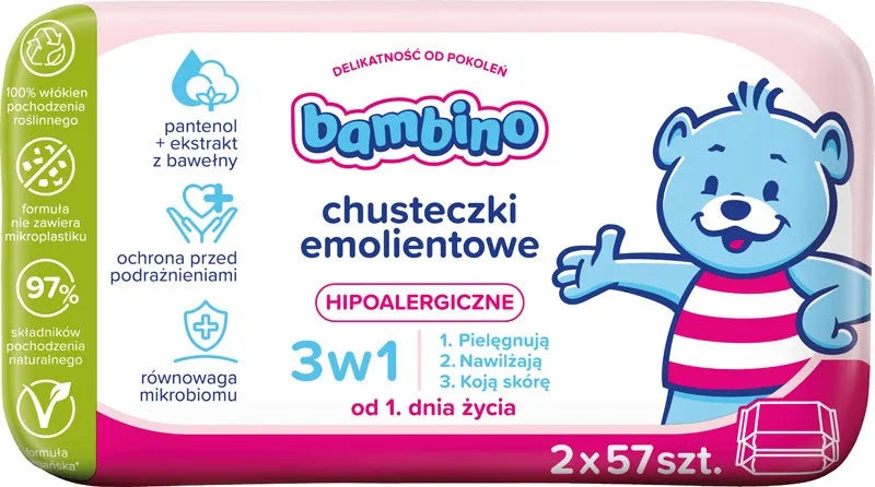 NIVEA Bambino emollient wipes 3in1 hypoallergenic 2 x 57 pcs - Vaikui ir mamai