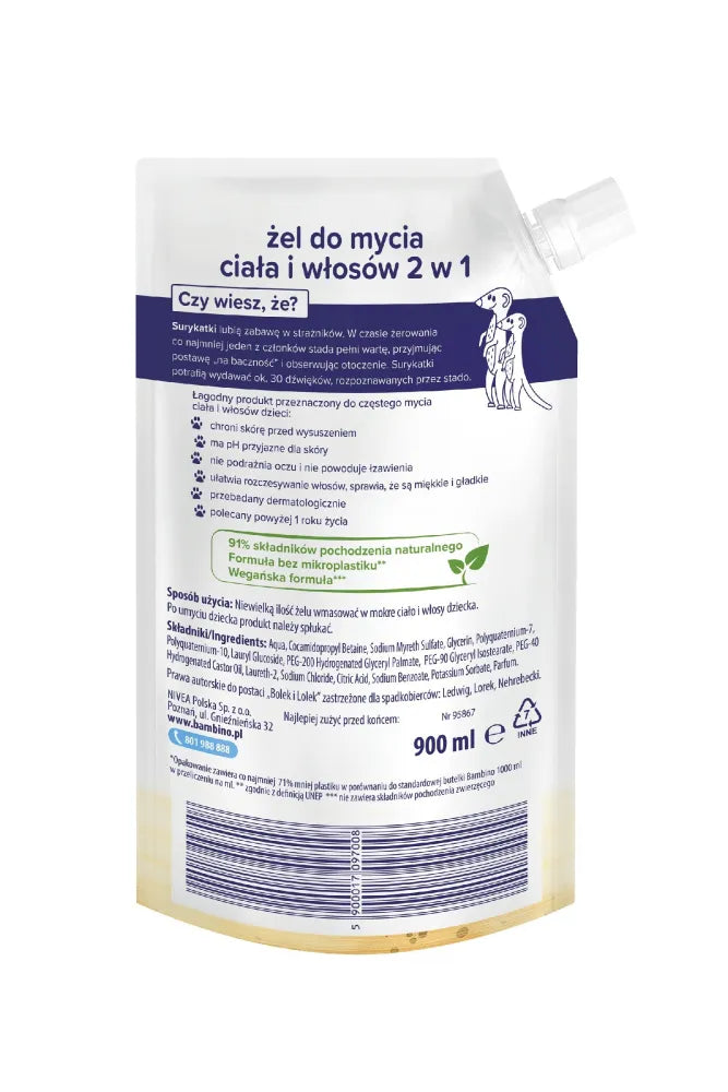 NIVEA Bambino Kids Body and Hair Wash Gel 2-in-1 Surykats Refill 900 ml. - Vaikui ir mamai