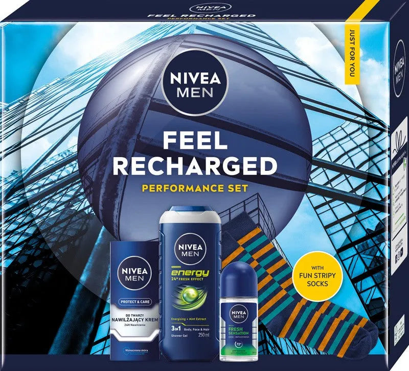 NIVEA Feel Recharged Men’s Gift Set (50 ml roll-on antiperspirant + 75 face cream + 250 shower gel + socks) - Kosmetika