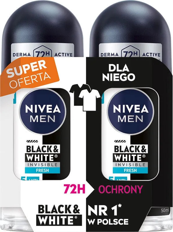 NIVEA MEN Antiperspirant in Black & White Invisible Fresh DUO 2 x 50 ml roll-on. - Higiena