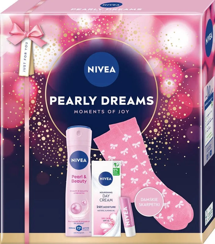 NIVEA Pearly Dreams Gift Set for Women (150 ml Antiperspirant Spray + 50 Day Cream + Lip Balm + Socks) - Kosmetika