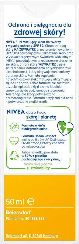 NIVEA SUN Shine Control Mattifying Face Cream SPF50 50 ml - Kosmetika
