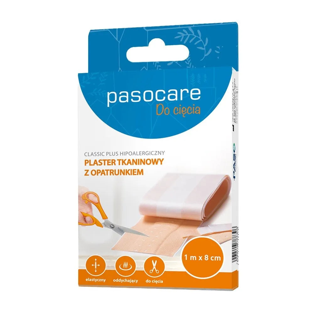 PASOCARE Classic Plus Hipoalerginis audinio pleistras su tvarsčiu - pjovimas 1m x 8cm - Medicinos ir slaugos prekės