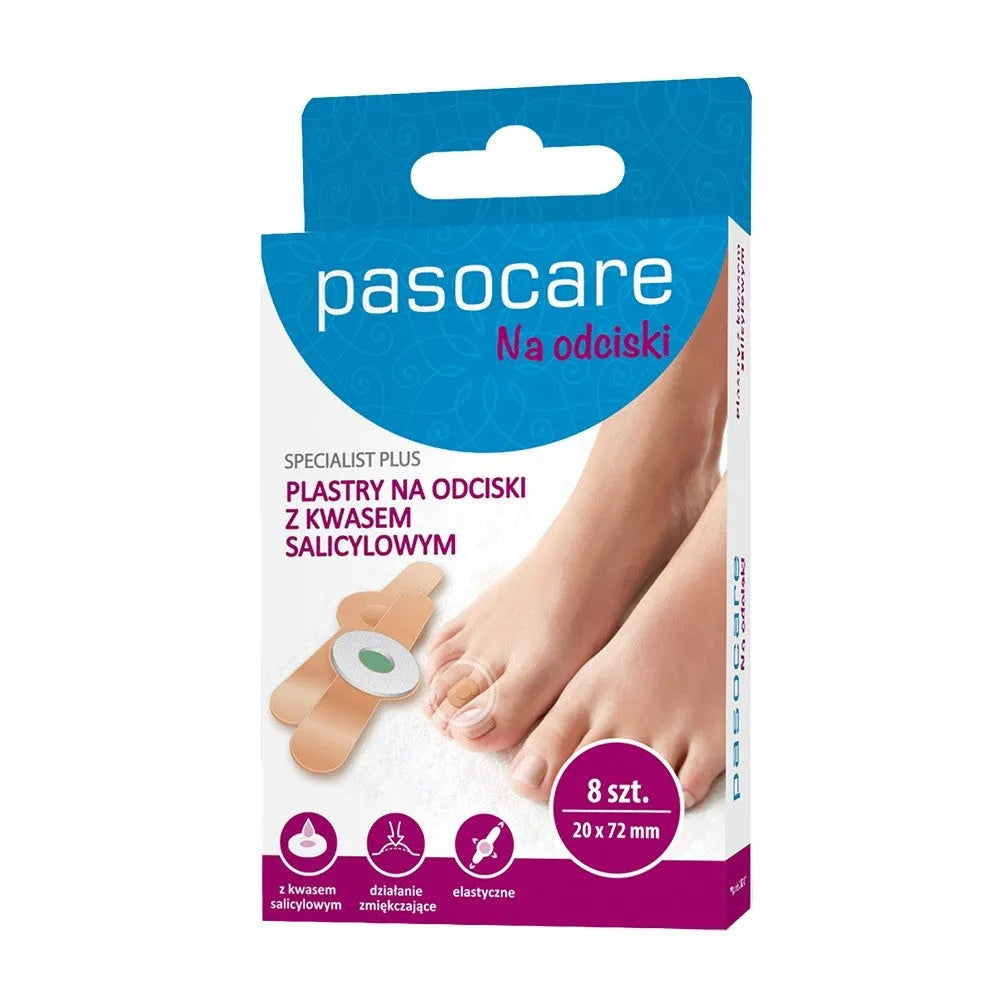 PASOCARE Specialist Plus Kornų pleistrai su salicilo rūgštimi 20mm x 72mm 1 pakuotė - 8 vnt. - Medicinos ir slaugos