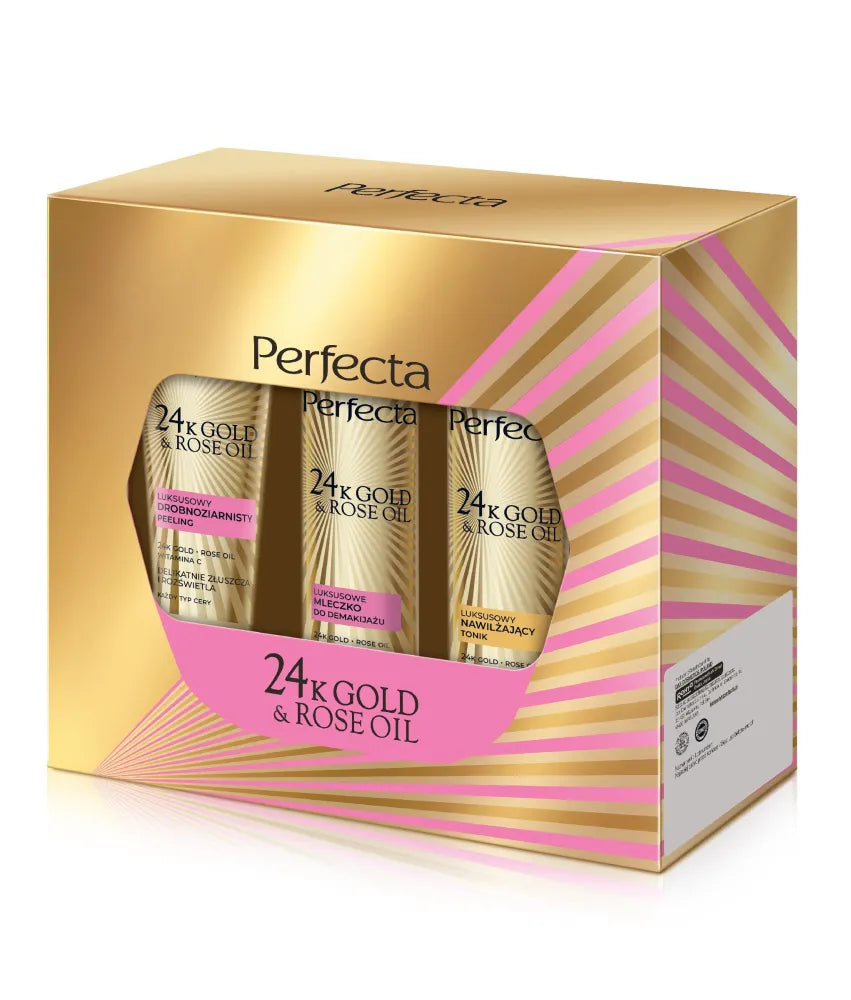 PERFECTA 24K Gold & Rose Oil Dovanų rinkinys (smulkiai grūdėtas šveitiklis pienas tonikas) - Kosmetika