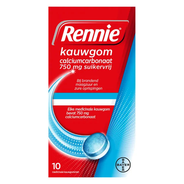 Rennie Kauwgom Calciumcarbonaat 750 mg - Suikervrij - 10 st - Vaistai nereceptiniai