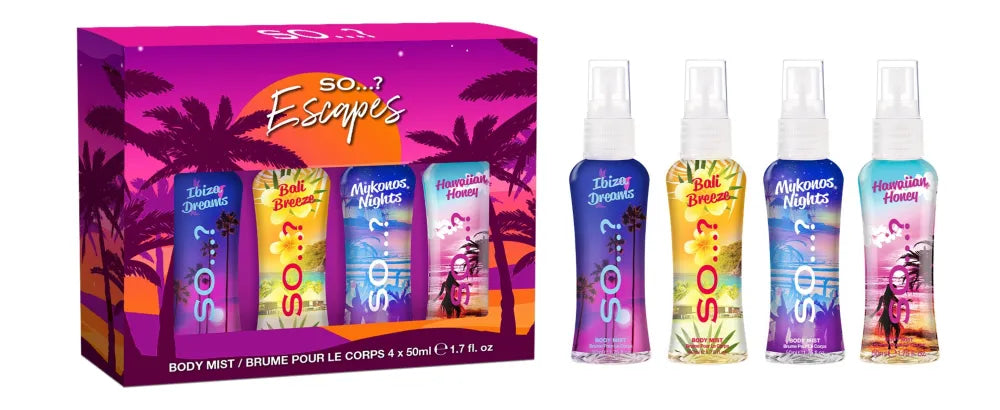 SO? Pabėgimai! Dovanų rinkinys - Kvepiantys kūno purškalai 4 x 50 ml - Kosmetika