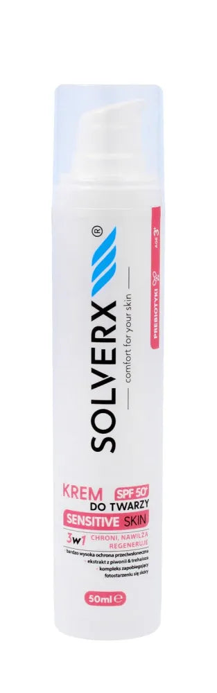 SOLVERX Sensitive Skin Face Cream 3in1 su SPF50+ - jautriai odai 50ml - Kosmetika
