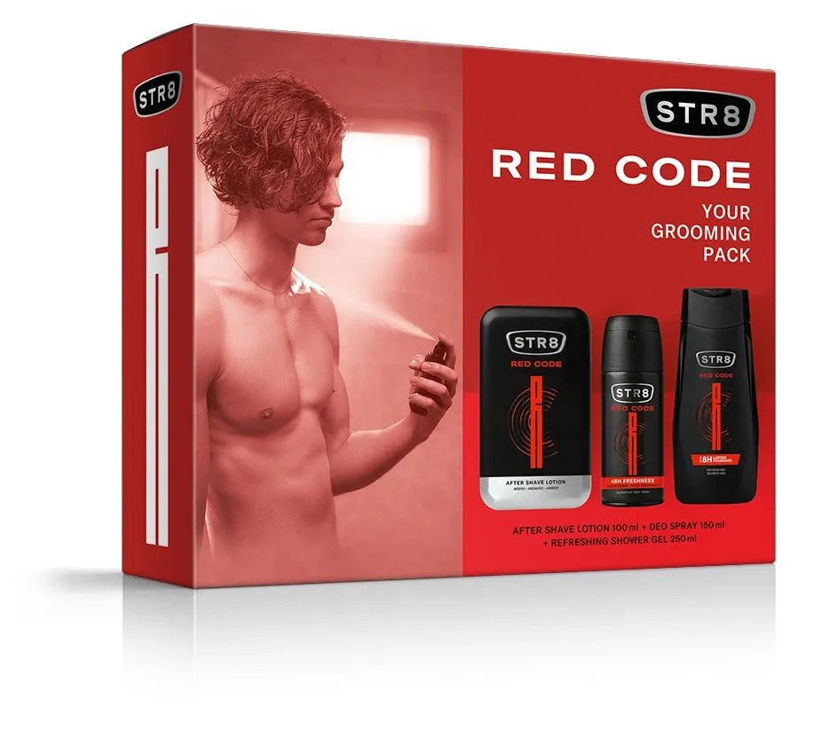 STR 8 Red Code dovanų rinkinys (Aftershave 100ml + Deo purškiklis 150ml + Dušo gelis 250ml) - Kosmetika