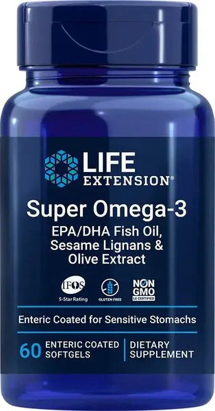 Super Omega-3 EPA/DHA with Sesame Lignans & Olive Extract - 60 enteric coated softgels - Life Extension - Papildai
