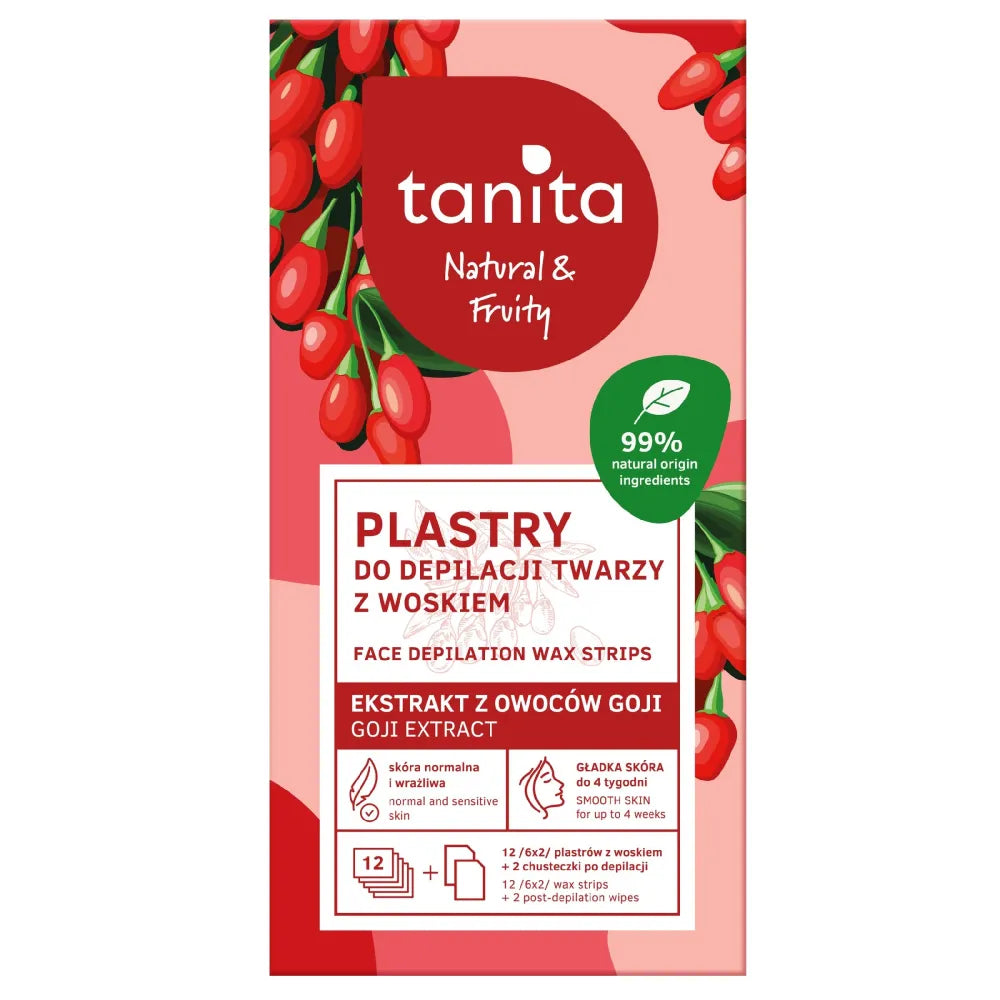 TANITA Natural & Fruity Wax Facial Hair Removal Patches - with Goji Fruit Extract 12 pieces (6x2)+ 2 post epilation