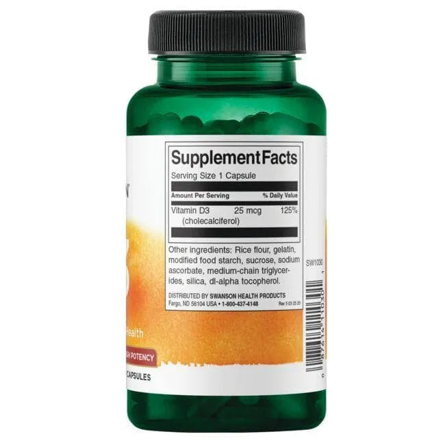 Vitamin D3 - Didelio stiprumo - 1000 IU - 25 mcg - N250 - Swanson - Papildai