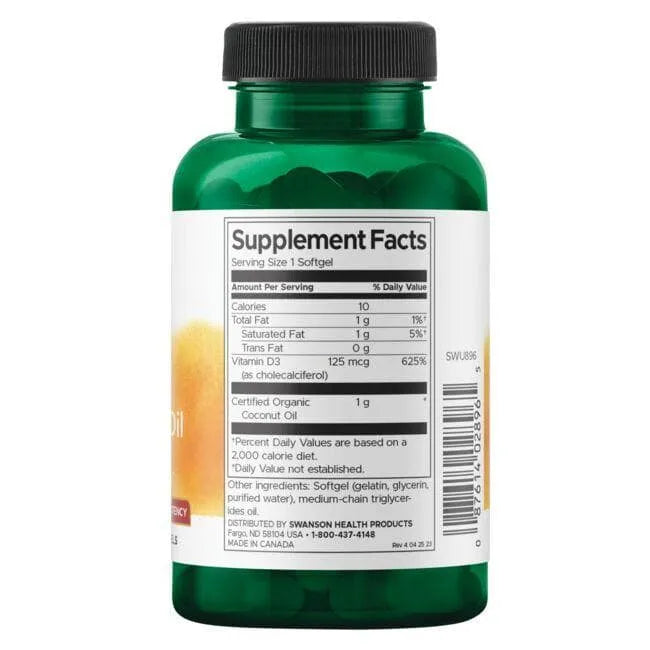 Vitamin D3 with Coconut Oil - 5000 IU - 125 mcg - N60 - Swanson - Papildai